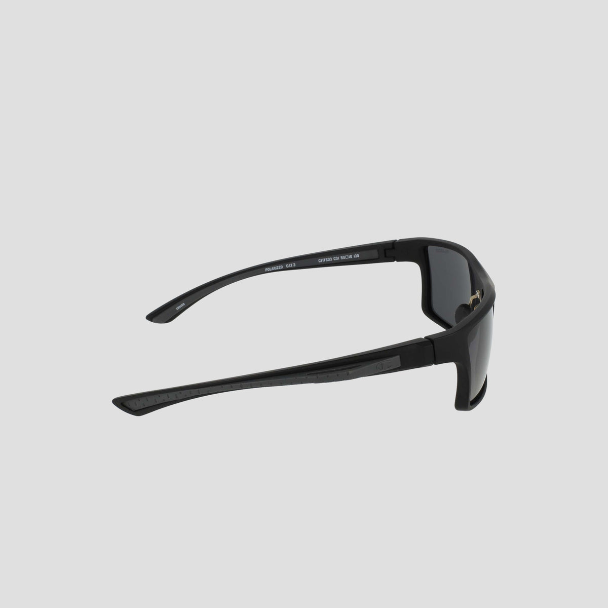 Side view of Champion Men’s Polarized Comfort Fit - Medium black rectangular sunglasses, featuring a lightweight frame and thick, dark lenses, set against a plain light gray background.