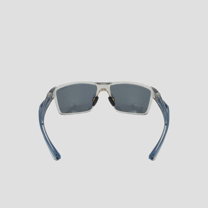 A pair of Champion Men's Polarized Comfort Fit - Medium sunglasses with a lightweight, clear frame, blue temples, and dark rectangular lenses, shown from the front with the temples open and facing outward.