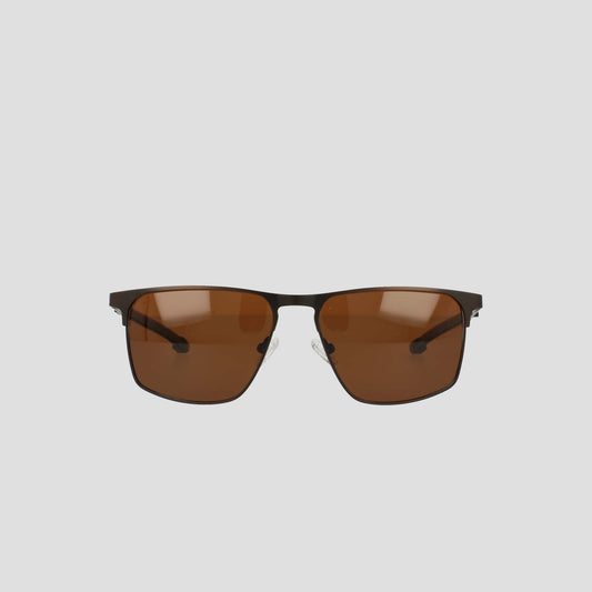 Men's Polarized Retainer Stainless ST-Shirtl Square sunglasses by Champion, featuring a thin black stainless steel rectangular frame and brown polarized lenses, displayed on a plain light background.