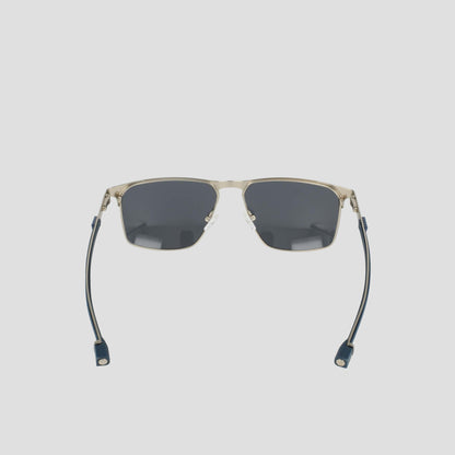 Champion Men's Polarized Retainer Stainless ST-Shirtl Square sunglasses showcased against a plain white background, featuring rectangular silver stainless steel frames, dark polarized lenses, and black cords attached at each temple.