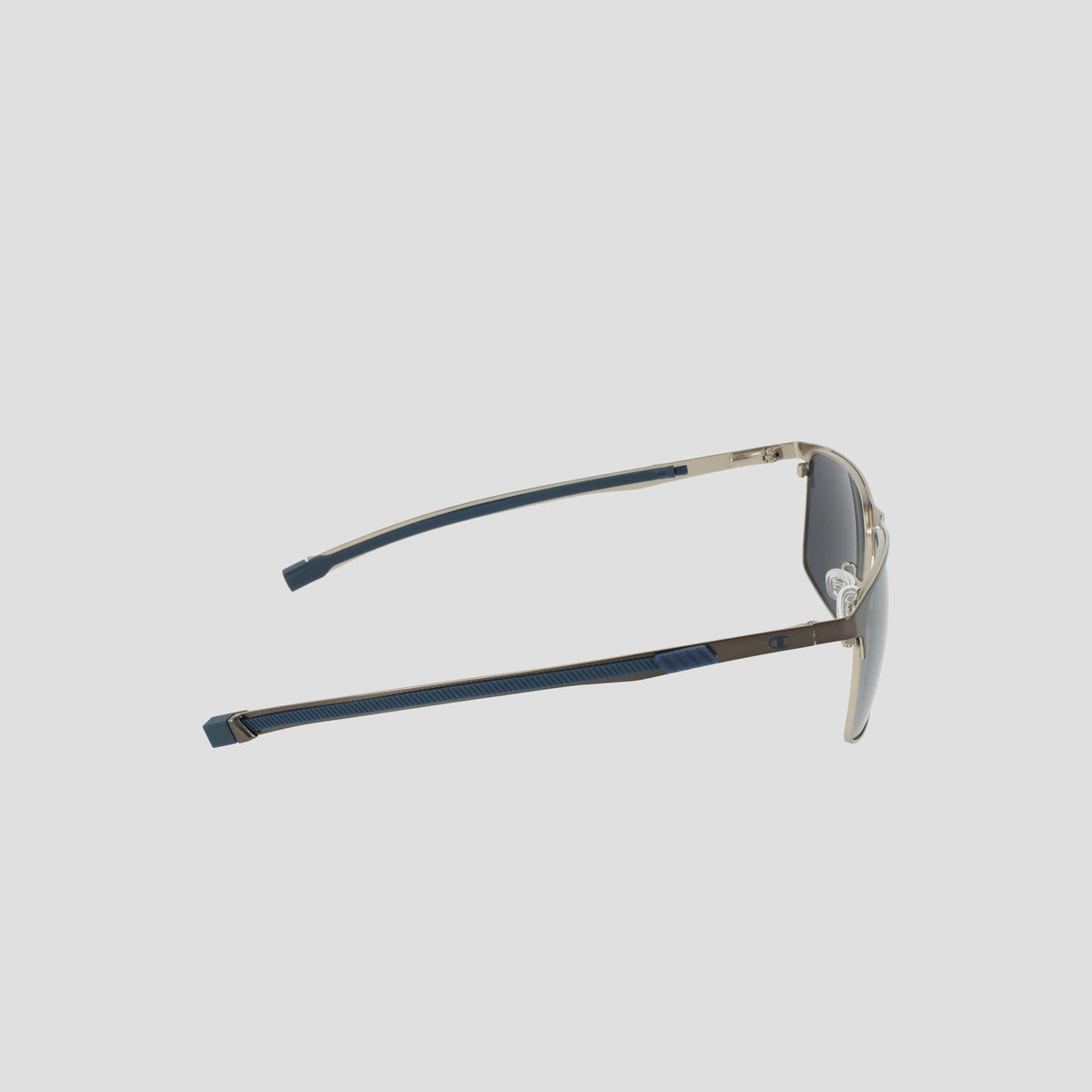 Side view of the Champion Men's Polarized Retainer Stainless ST-Shirtl Square sunglasses, featuring an aviator-style stainless steel frame with dark blue plastic arms and polarized lenses, shown against a plain light background.