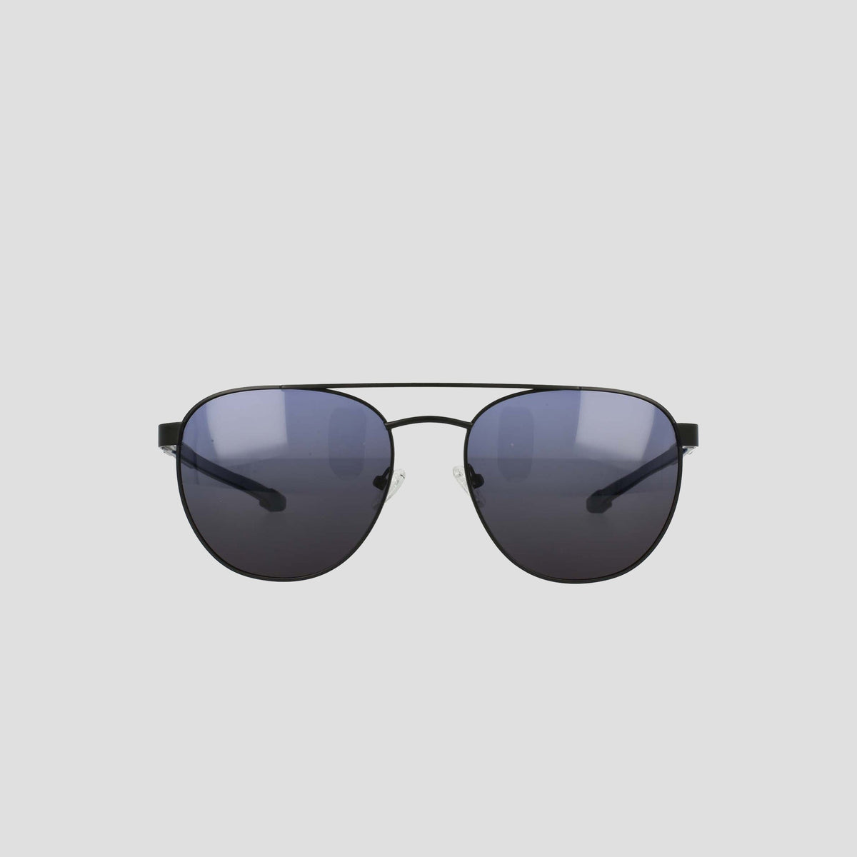 Men's Polarized Retainer Stainless ST-Shirtl Aviator sunglasses by Champion, featuring dark polarized lenses and an adjustable nose bridge, are displayed facing forward on a plain light gray background.