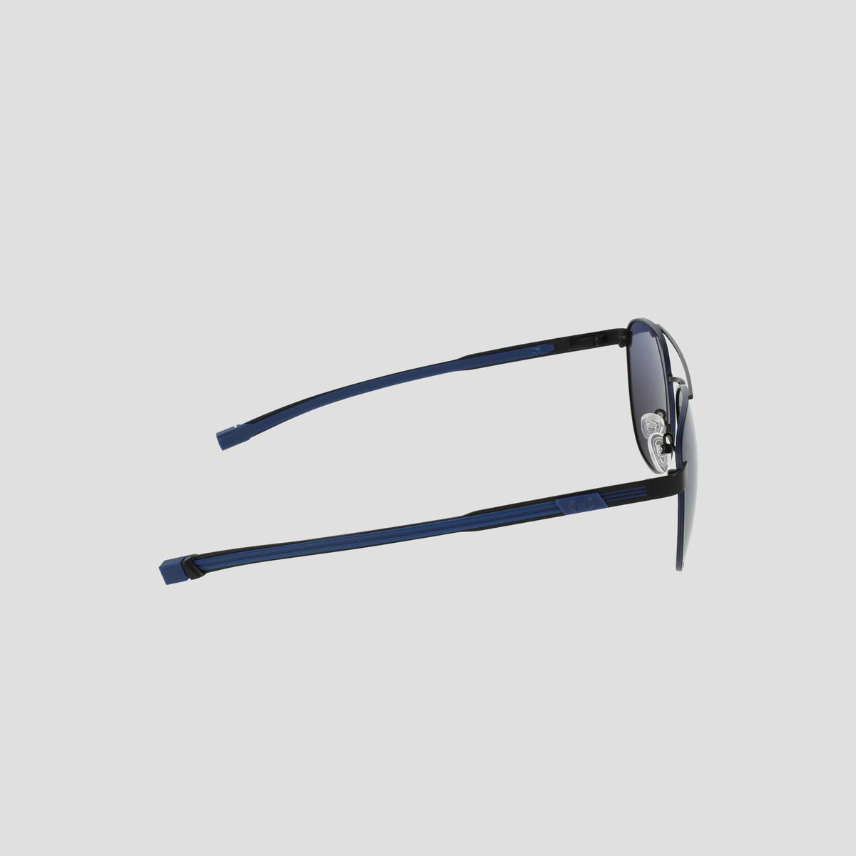 Side view of the Champion Men's Polarized Retainer Stainless ST-Shirtl Aviator sunglasses, featuring a blue frame and dark polarized lenses, displayed on a plain light gray background. The straight arms extend outward, while an adjustable nose bridge ensures a comfortable fit.