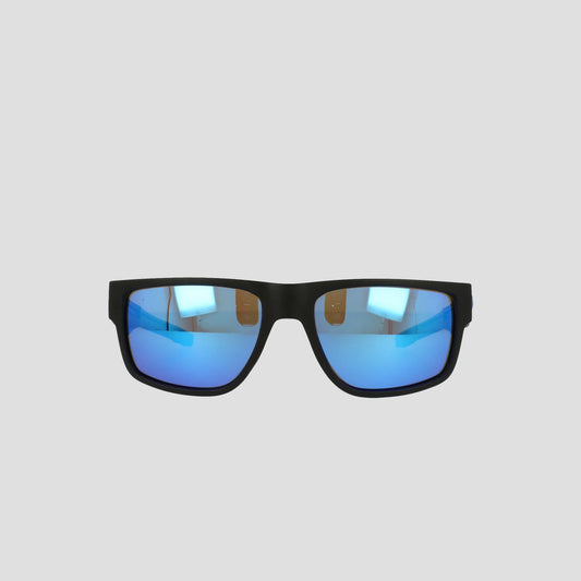 Men's Polarized Retainer Rectangle sunglasses by Champion, featuring a sleek black frame with blue mirrored, polarized lenses, are displayed against a plain light gray background. Crafted with a high-performance retainer design and durable TR90 construction, these shades subtly reflect lights and objects on their lenses.