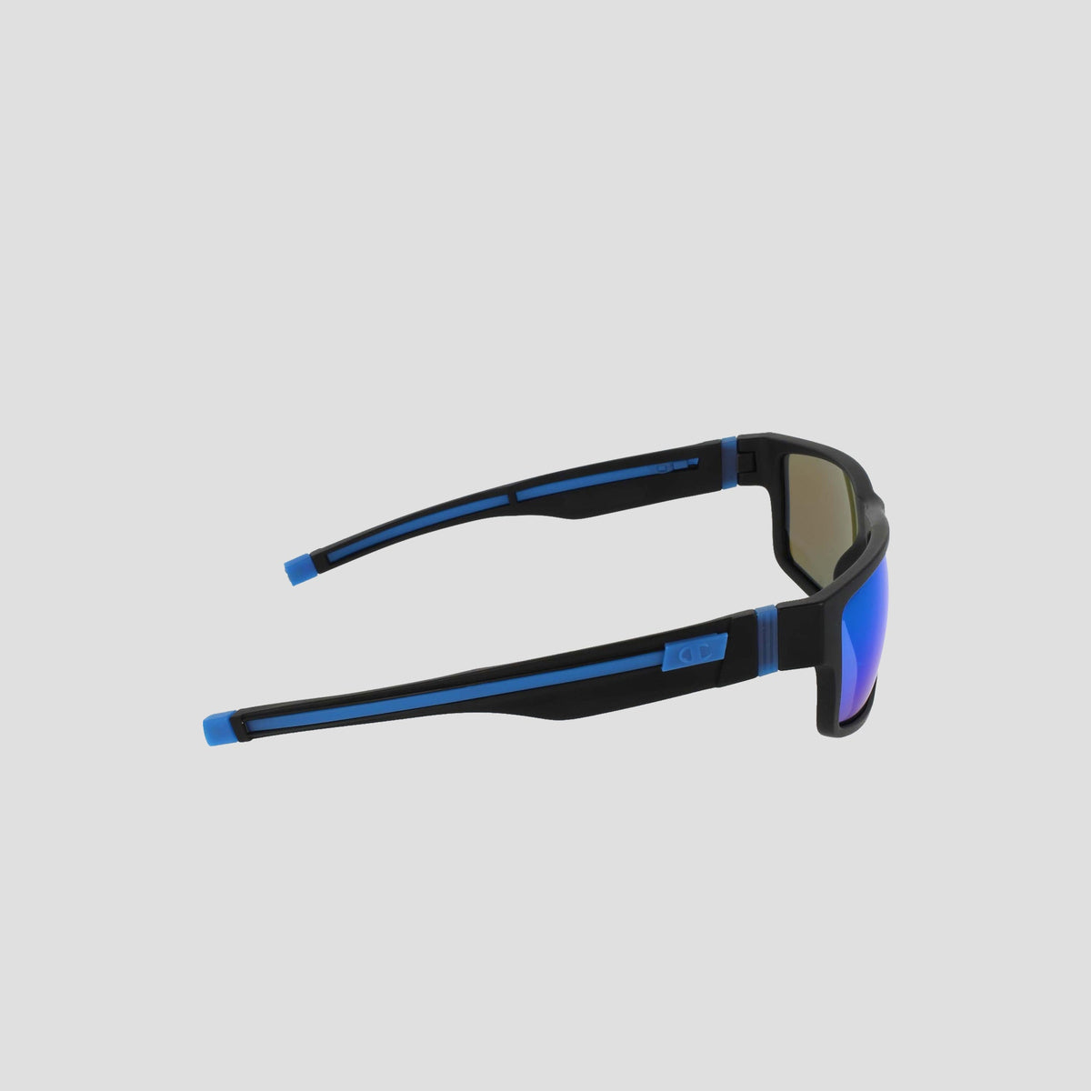 A pair of Champion Men's Polarized Retainer Rectangle sunglasses, featuring a high-performance retainer frame in black TR90 with blue accents and mirrored blue polarized lenses, is shown from a side angle on a light gray background.