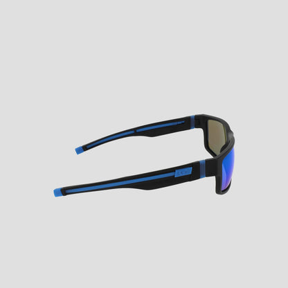 A pair of Champion Men's Polarized Retainer Rectangle sunglasses, featuring a high-performance retainer frame in black TR90 with blue accents and mirrored blue polarized lenses, is shown from a side angle on a light gray background.