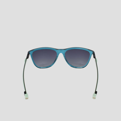 Champion Women's Polarized Retainer Rectangle sunglasses, featuring a blue frame and dark polarized lenses, are shown from the front. The straight temples end in pale green, translucent tips. Perfect for athleisure looks, these sunglasses are displayed against a light gray background.