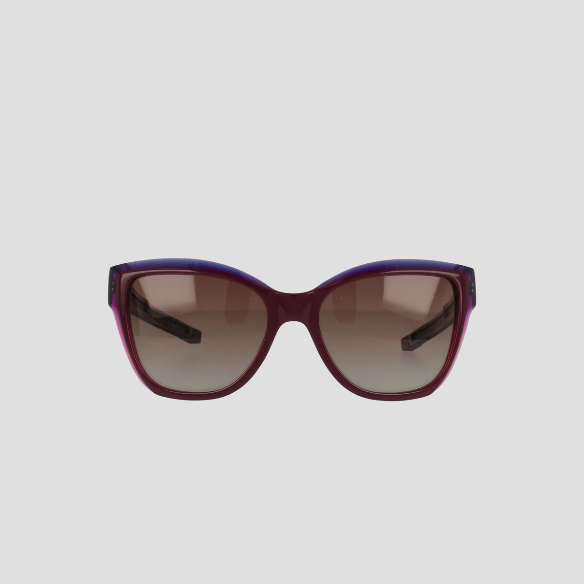 Front view of Champion Women's Polarized Retainer Square sunglasses featuring a bold square frame in dark purple and burgundy handmade acetate with brown gradient lenses, set against a plain light gray background.