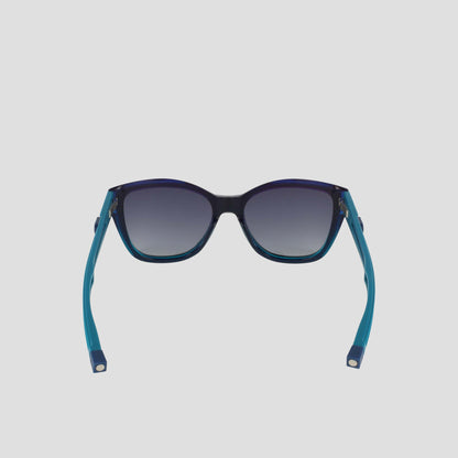 The Champion Women's Polarized Retainer Square sunglasses feature blue handmade acetate frames and dark gradient lenses, shown from the back with open arms against a plain light background.