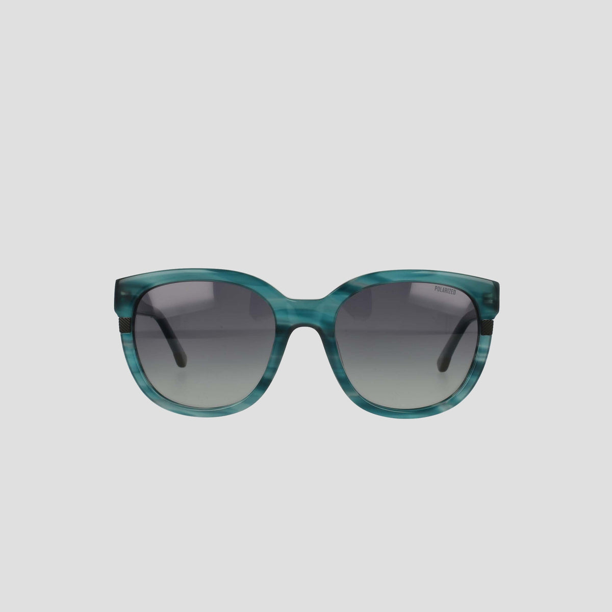 Front view of the Champion Women's Polarized Curvaceous Square sunglasses, featuring blue-green, high-shine acetate frames and dark gradient polarized lenses, set against a plain white background.