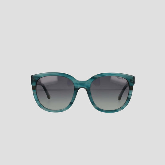Front view of the Champion Women's Polarized Curvaceous Square sunglasses, featuring blue-green, high-shine acetate frames and dark gradient polarized lenses, set against a plain white background.