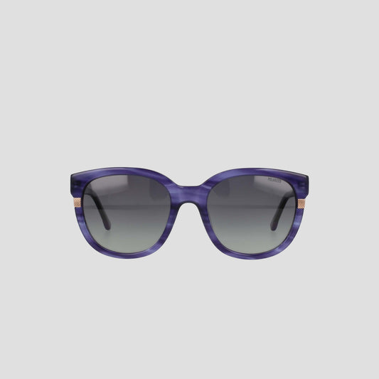 The Champion Women's Polarized Curvaceous Square sunglasses are shown from the front against a plain light gray background. These oversized purple sunglasses feature gradient dark lenses, a glossy acetate frame with subtle gold accents on the sides near the hinges, and an RX-able design for customized prescription lenses.