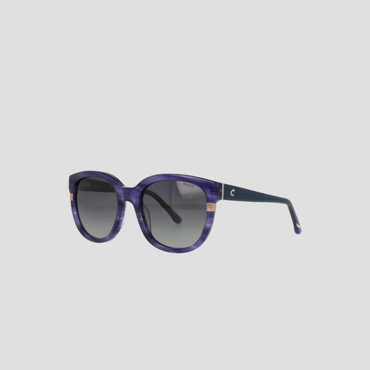 Women's Polarized Curvaceous Square sunglasses by Champion, featuring a purple acetate frame with gold accents on the temples and dark gradient lenses, displayed against a plain light background.