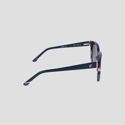 Side view of the Champion Women's Polarized Curvaceous Square sunglasses, showcasing a stylish purple premium acetate frame with dark arms and gold hinge accents, set against a plain light background.