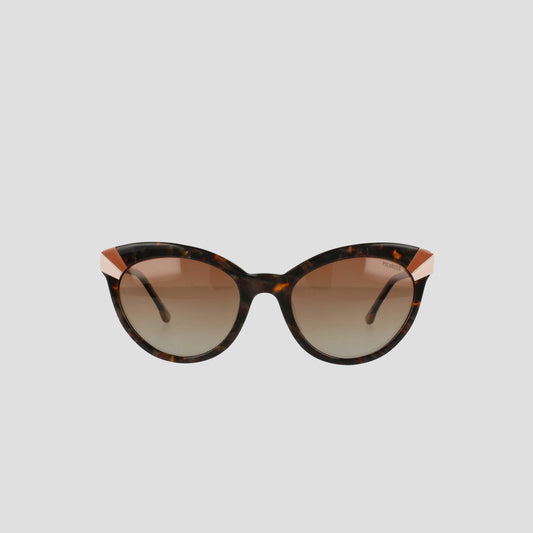 Champion Women's Polarized Cateye sunglasses with a tortoiseshell cat-eye frame, gold accents on the upper corners, and gradient brown polarized lenses featuring RX-able frames, displayed against a plain light gray background.