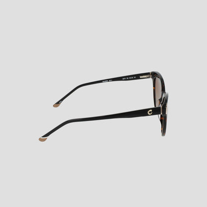 Side view of the Champion Women's Polarized Cateye sunglasses featuring round brown-tinted polarized lenses, gold accents on the temples, and beige tips at the ends of the arms, displayed against a plain light gray background.