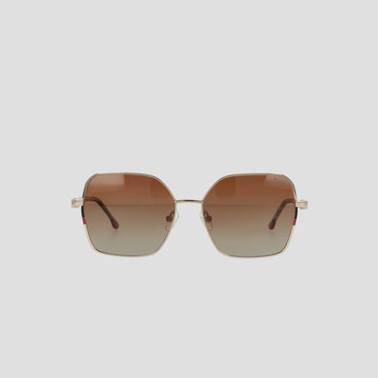 Champion Women's Polarized Boho Square sunglasses, featuring a gold frame and bold square silhouette with large polarized gradient lenses that transition from brown at the top to a lighter shade at the bottom, displayed against a plain white background.