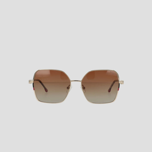Champion Women's Polarized Boho Square sunglasses, featuring a gold frame and bold square silhouette with large polarized gradient lenses that transition from brown at the top to a lighter shade at the bottom, displayed against a plain white background.