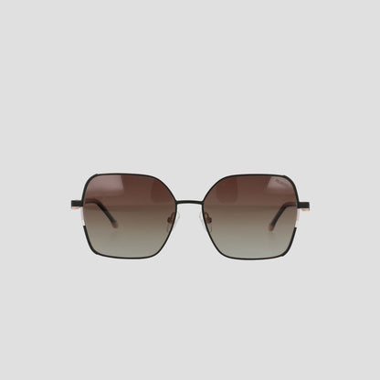 The Champion Women’s Polarized Boho Square sunglasses feature a thin black metal frame and brown gradient polarized lenses, displayed against a plain light gray background.