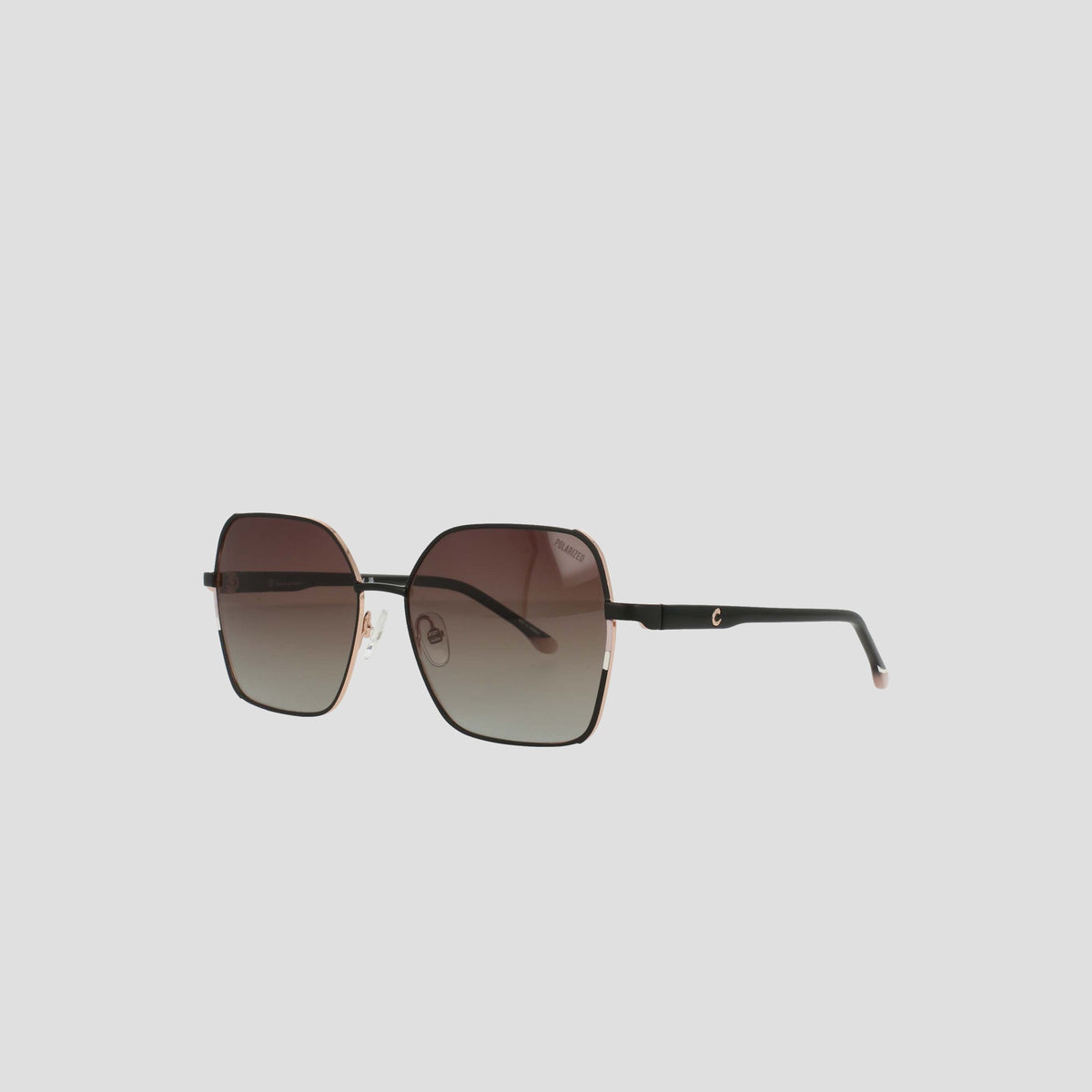 The Champion Women’s Polarized Boho Square sunglasses feature black square frames and gradient brown polarized lenses, displayed against a plain white background. The thin, sleek temples are accented with a subtle metallic detail near the hinge.