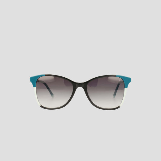 Women's Polarized Catty Square sunglasses by Champion in black, featuring blue accents on the top corners and gradient polarized lenses, displayed against a plain light gray background.