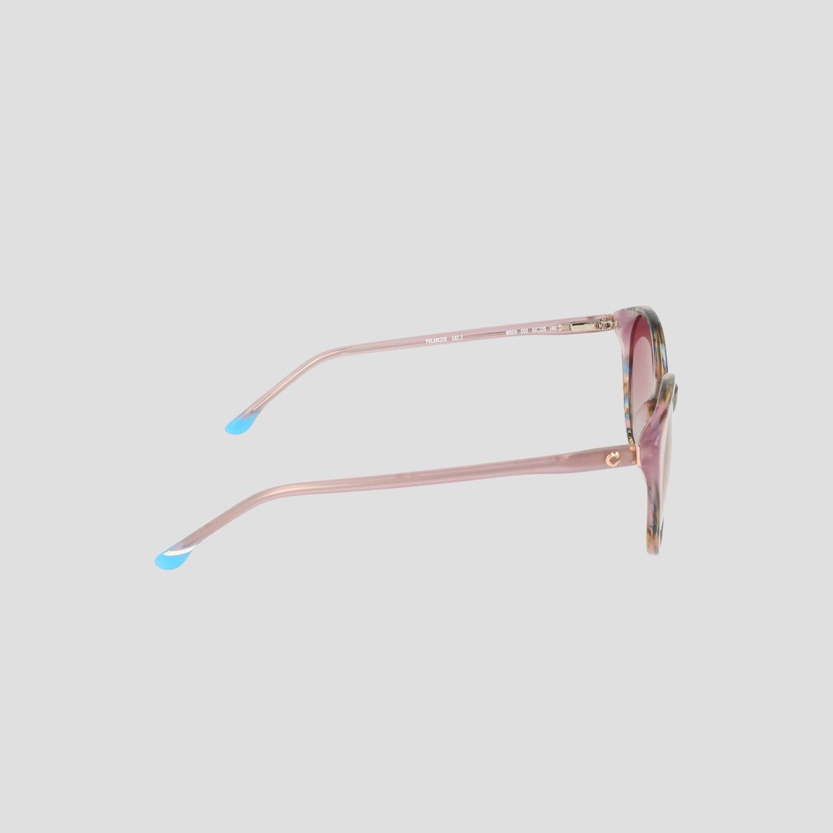 The Champion Women's Polarized Flirty Round sunglasses feature a pink cat-eye silhouette with blue-tipped acetate arms, displayed from the side against a plain light gray background.