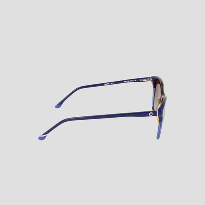 Side view of the Women's Polarized Catty Square sunglasses by Champion, featuring blue and gold accents, slightly curved arms, tinted polarized lenses, and an RX-able frame, displayed on a light gray background.