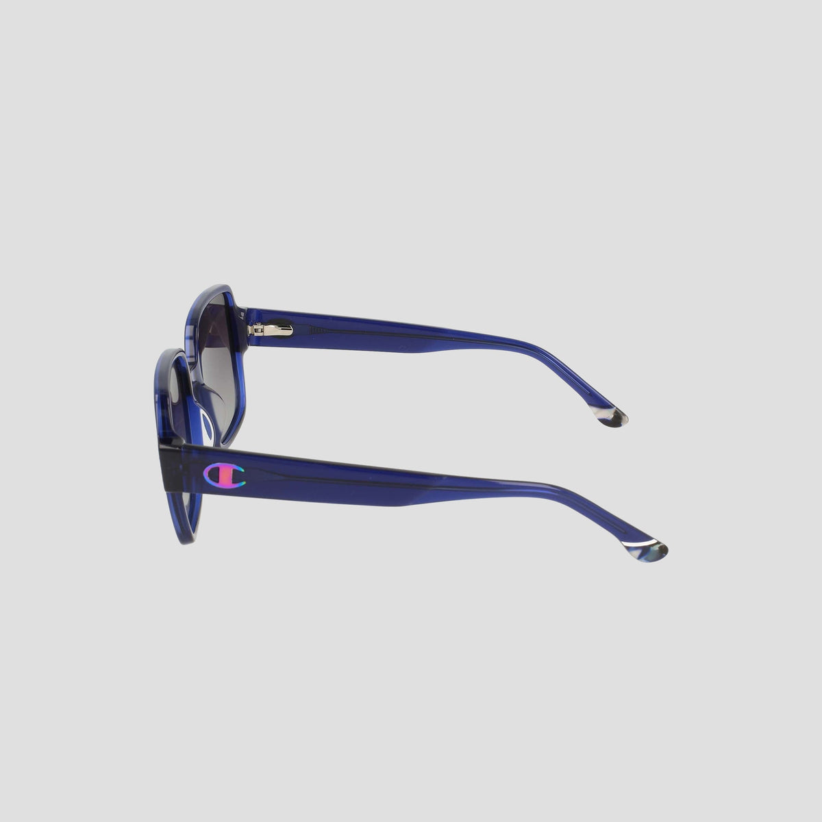Side view of Champion Women's Polarized Glam Square sunglasses, featuring oversized blue handmade acetate frames, dark polarized lenses, slightly curved arms with black tips, and Champion logo accents on a light gray background.