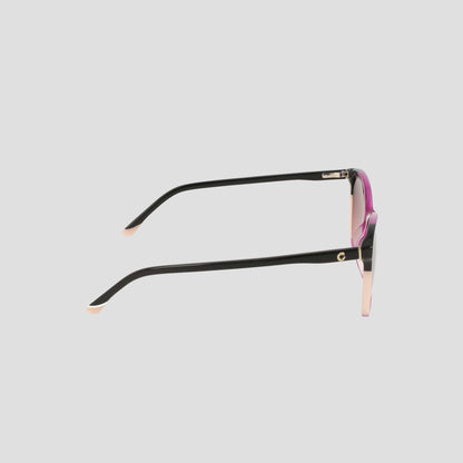 Side view of the Champion Women's Polarized Catty Square handmade acetate eyeglasses, featuring black arms, pink accents, and gold detailing against a light gray background, highlighting their classic silhouette.