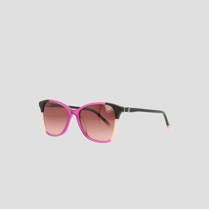 Discover the Women's Polarized Catty Square sunglasses by Champion, featuring a classic silhouette with a black and pink frame, gradient pink polarized lenses, and subtle beige tips on the temples—all elegantly displayed against a light gray background.