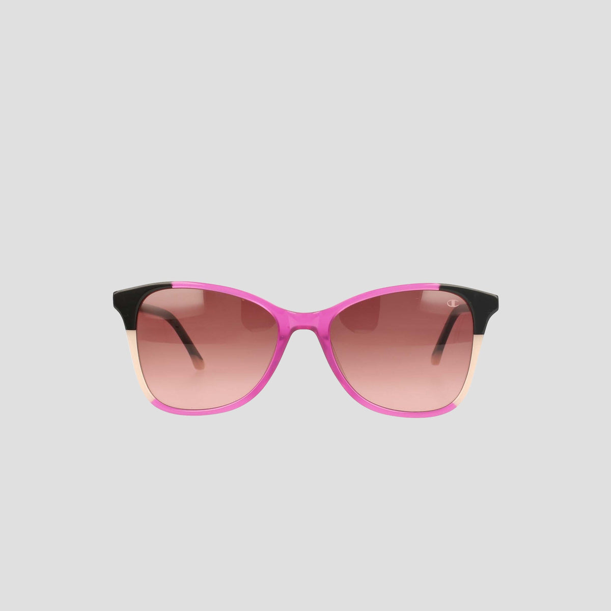 The Champion Women's Polarized Catty Square sunglasses feature a pink and black frame with gradient pink-tinted polarized lenses, showcased against a plain light gray background.