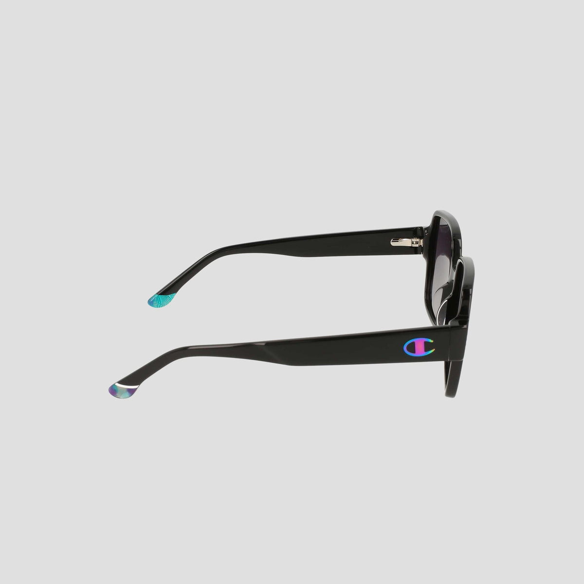 Side view of Champion Women's Polarized Glam Square sunglasses with black oversized frames, handmade acetate construction, blue and purple accents on the temple tips, and the Champion logo in blue and red on the left arm.