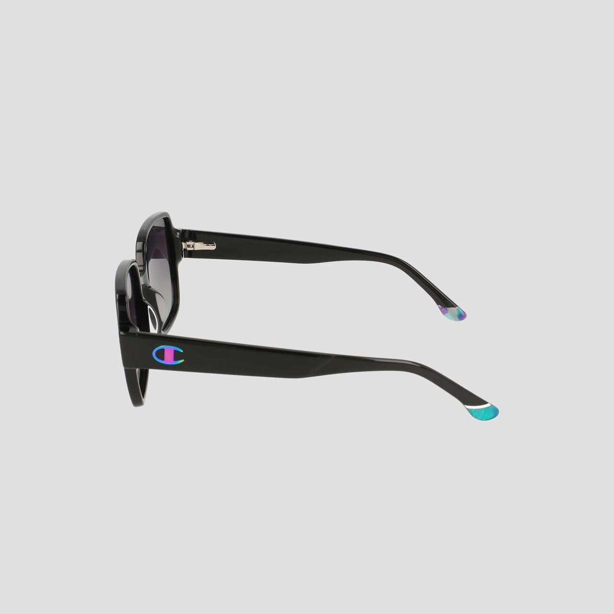 The Women's Polarized Glam Square by Champion features oversized black square frames, thick handmade acetate arms with gradient blue-green tips, and a colorful Champion logo on the side. Set against a plain light gray background.