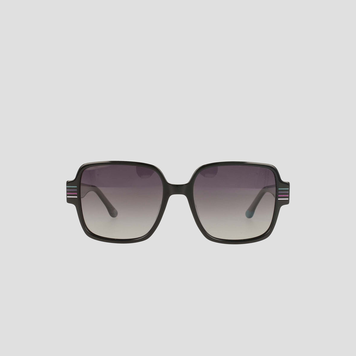 The Champion Women's Polarized Glam Square sunglasses feature oversized black handmade acetate square frames, gradient lenses that fade top to bottom, and subtle striped accents on the temples for added style.