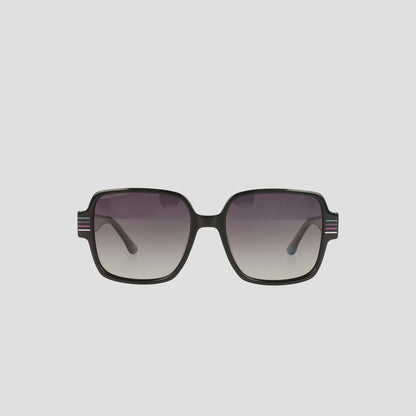 The Champion Women's Polarized Glam Square sunglasses feature oversized black handmade acetate square frames, gradient lenses that fade top to bottom, and subtle striped accents on the temples for added style.