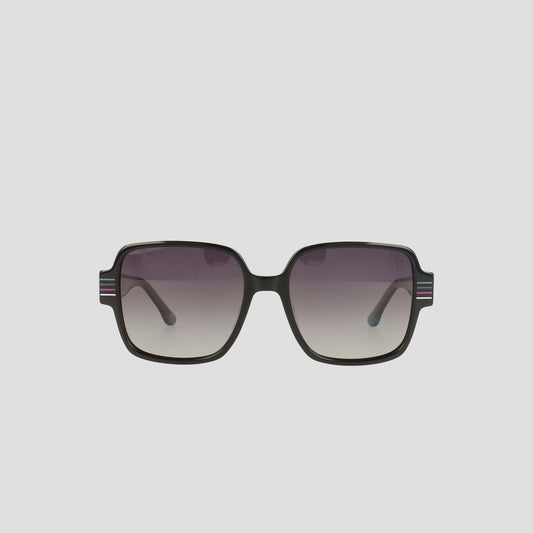 The Champion Women's Polarized Glam Square sunglasses feature oversized black handmade acetate square frames, gradient lenses that fade top to bottom, and subtle striped accents on the temples for added style.