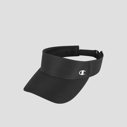The Champion Adjustable Visor features a black design with an adjustable strap and a small white Champion logo on the front left panel. Ideal for sun protection during running, it is shown against a plain light gray background.