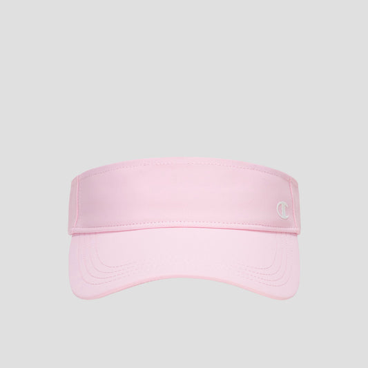A Champion Adjustable Visor in light pink features a curved brim and a small white “C” logo on the front right, offering sun protection and an adjustable fit. The product is displayed against a plain gray background.