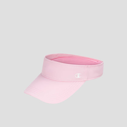 The Champion Adjustable Visor is a light pink athletic visor featuring a curved brim and the classic white Champion logo on the front. Designed for sun protection and an adjustable fit, it is displayed against a plain gray background.