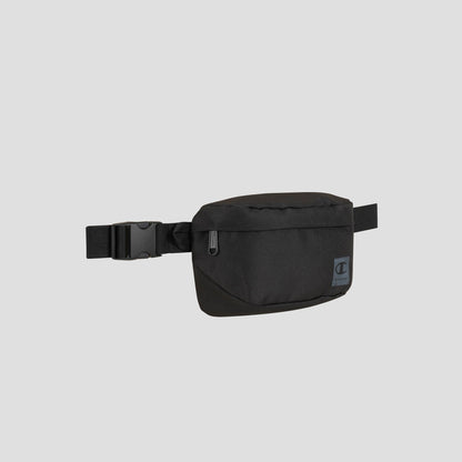 The Atlas Waist Pack by Champion, shown in black against a plain light gray background, features a front zipper pocket and an adjustable buckle strap, providing adventure-ready storage for all your essentials.