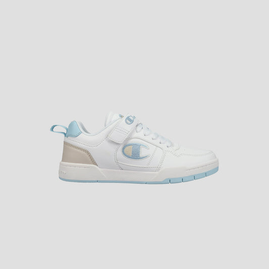 The Champion Kids' Arena Power Low sneaker is white with light blue accents on the sole, heel, and laces. It features a large C logo, a convenient back pull tab, and classic Champion style in a low-top design.