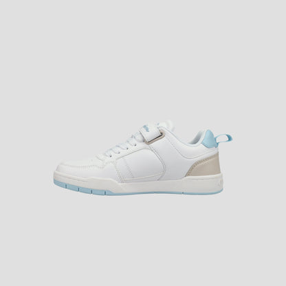 The Champion Kids' Arena Power Low sneaker is white with light blue accents on the sole, heel tab, and lining, plus a beige heel patch. Photographed on a plain light gray background, it's a stylish choice for kids.