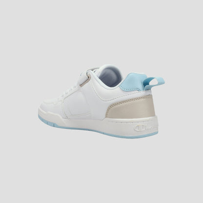 The Champion Kids' Arena Power Low sneaker features a white design with a light blue heel tab, beige heel accent, and light blue sole details—viewed from the back left, it perfectly showcases Champion style.