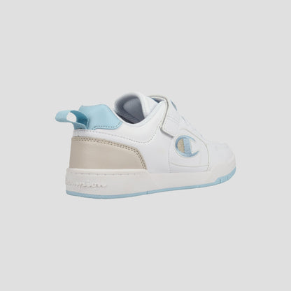 The Champion Kids' Arena Power Low sneakers feature white and light blue uppers, a beige heel, blue pull tab, and side Champion logo, shown from the back left against a light gray background—classic style for kids.
