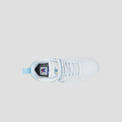 Top view of a white low-top Kids' Arena Power Low sneaker by Champion, featuring light blue accents, a blue pull tab at the heel, perforated toe box, and Champion branding on the tongue and side against a light gray background.