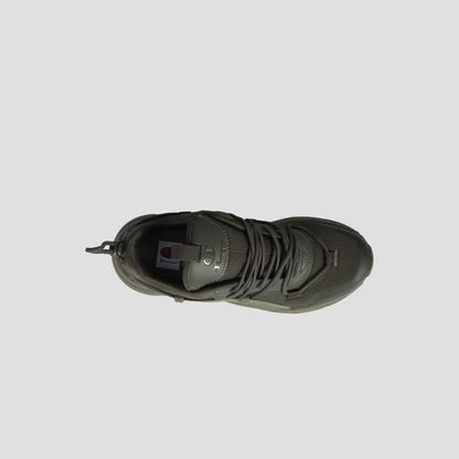 Top view of the Champion Men's Hyper C Pilot sneaker in dark green, featuring a durable mesh upper, black laces, heel pull tab, and the Champion logo on the tongue, shown against a light gray background.