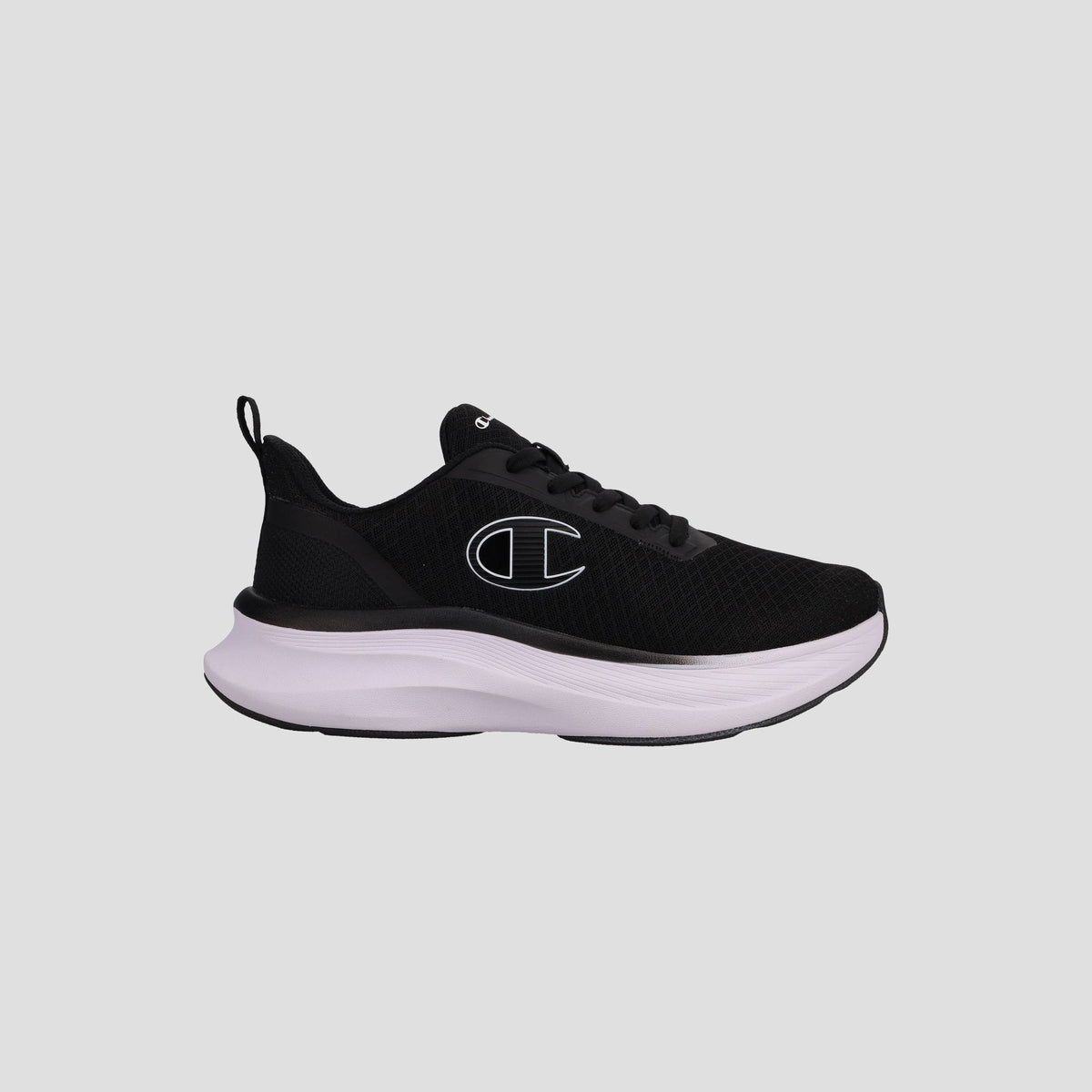 The Champion Men's Ch Zk 1 sneaker features a black upper, white sole, black laces, a white outlined "C" logo on the side, and a cushioned midsole for comfort—all in a lightweight, breathable design against a light gray background.