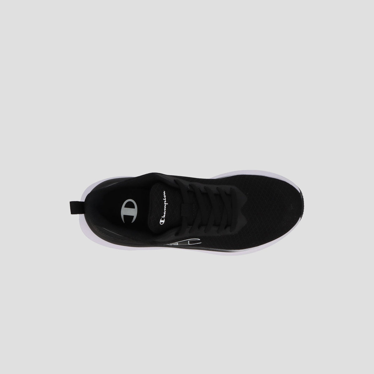 Top view of the Champion Men's Ch Zk 1 sneaker in black with a white sole and black laces, displaying the Champion logo on the tongue and insole. A cushioned midsole provides comfort, set against a plain light gray background.