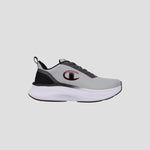 The Champion Men's Ch Zk 1 Highrise sneaker features a gray breathable upper with black and red accents, large “C” logo, black laces, cushioned white sole, black heel pull tab, and is displayed on a plain light gray background.
