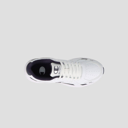 Top view of the Champion Men's Ch Twr 1 lifestyle trainer in white synthetic leather with white laces, perforated toe, cushioned EVA sole, dark interior lining, displayed on a light gray background.